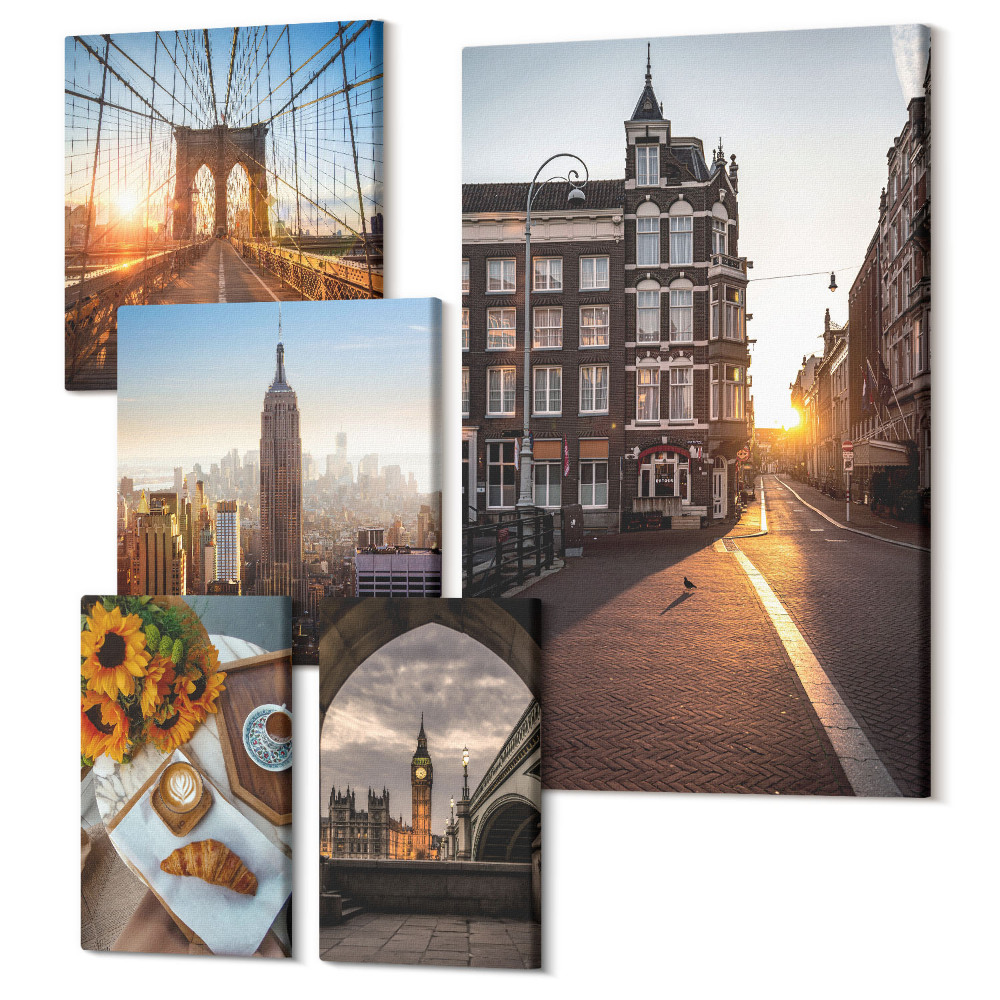 Set tablouri 5 piese Vederi fermecătoare ale orașului, arhitectură și apusuri de soare