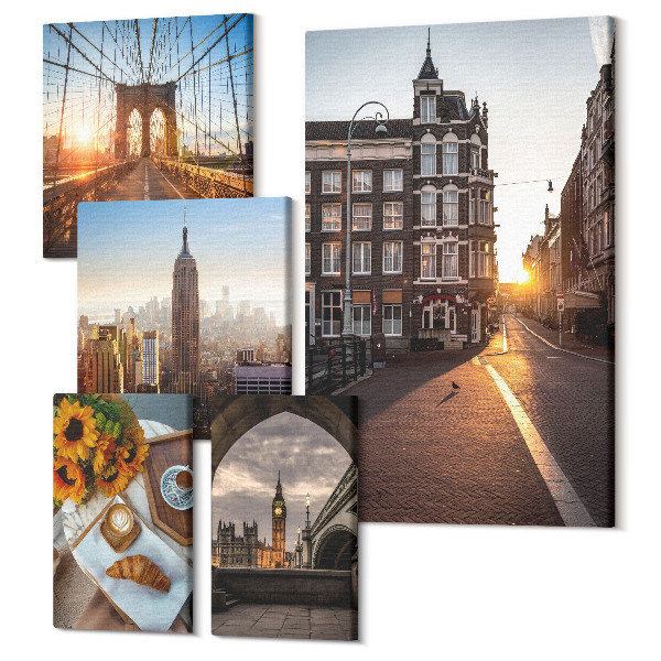 Set tablouri 5 piese Vederi fermecătoare ale orașului, arhitectură și apusuri de soare