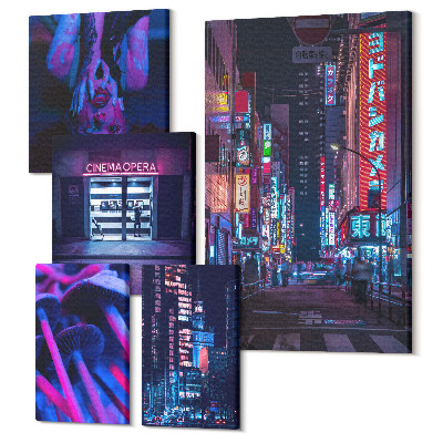 Set tablouri 5 piese Vederi nocturne cu neon ale orașelor cu atmosferă urbană