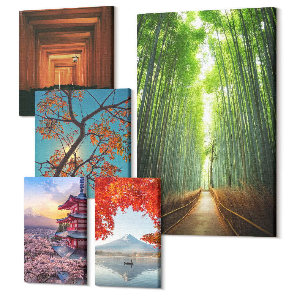 Set tablouri 5 piese Peisaje din Japonia cu bambus și flori de primăvară