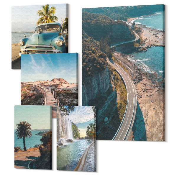 Tablouri canvas set 5 piese Călătorește peisaje cu mașini și natură