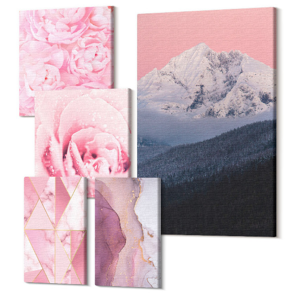 Tablouri canvas set 5 piese Peisaje roz și flori într-un stil modern