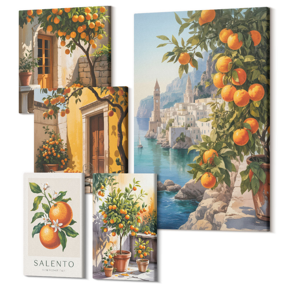 Tablouri canvas set 5 piese Vederi atmosferice cu accente de fructe pe perete