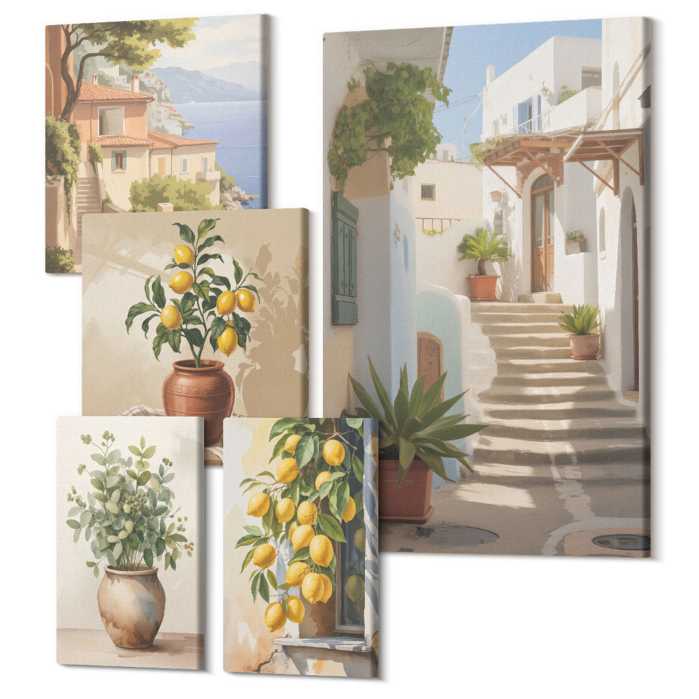 Tablouri canvas set 5 piese Interior elegant, cu plante și străzi pitorești