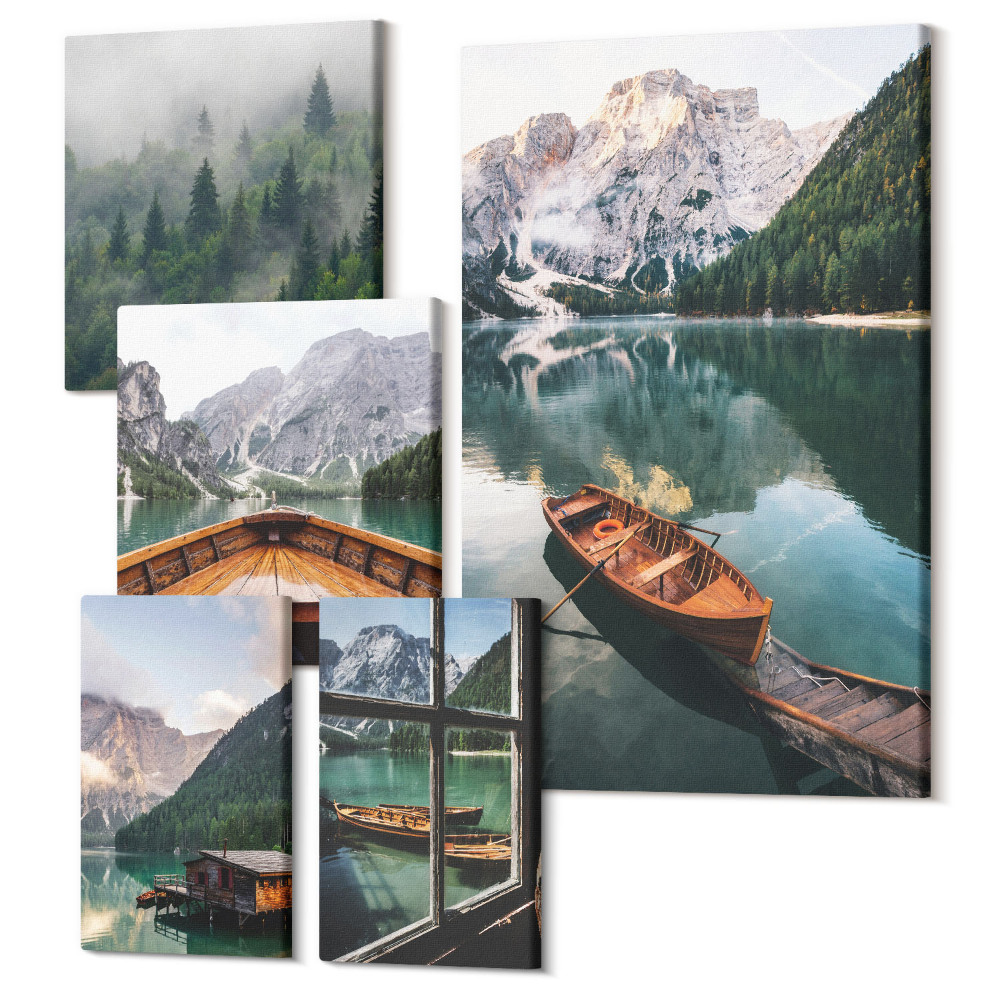 Tablouri canvas set 5 piese Vederi liniștite ale lacurilor de munte și bărci pitorești