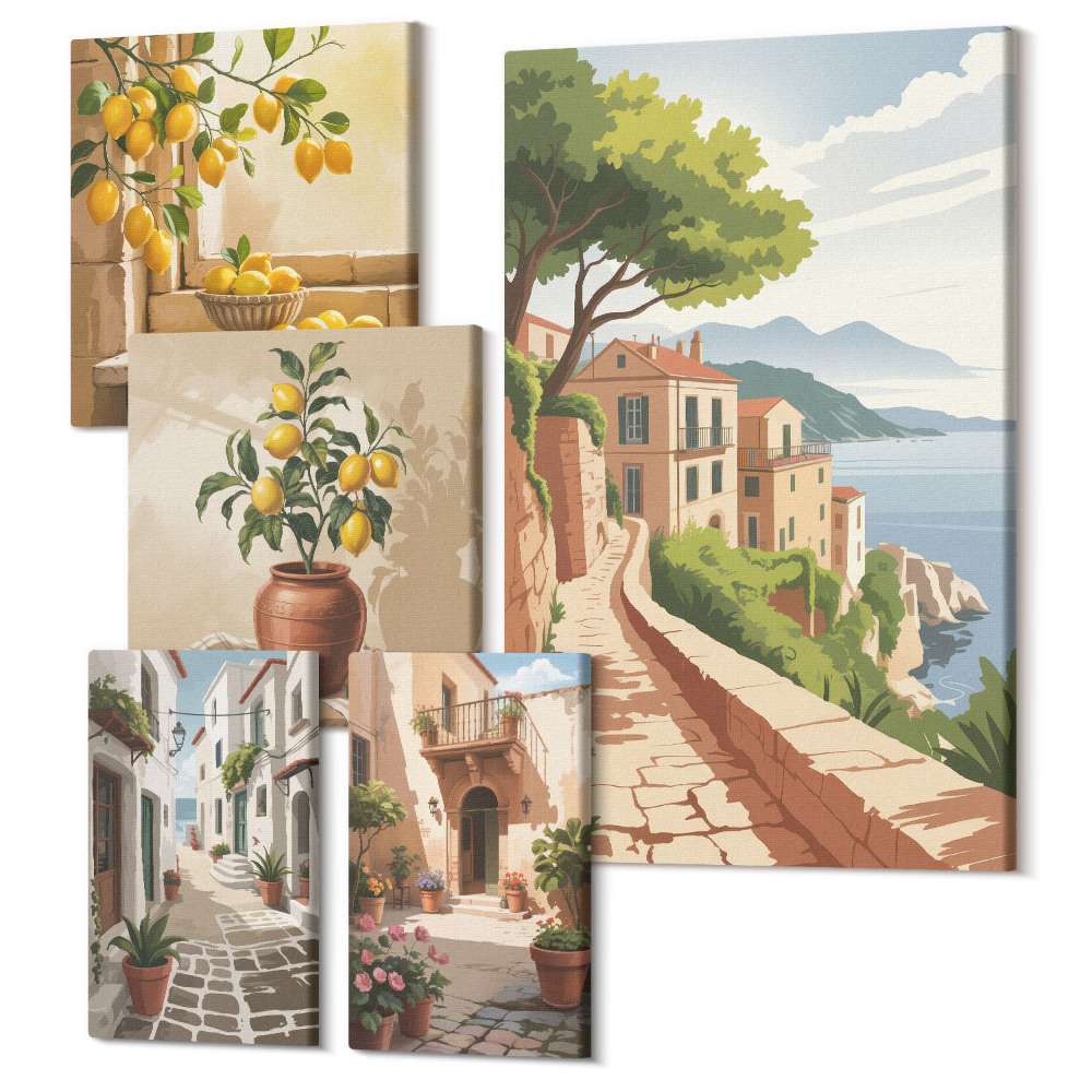 Tablou din 5 piese Vederi fermecătoare ale străzilor și naturii mediteraneene