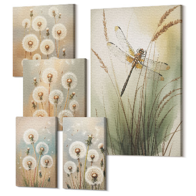 Set tablouri 5 piese Motive vegetale cu libelule și păpădie în stil natural