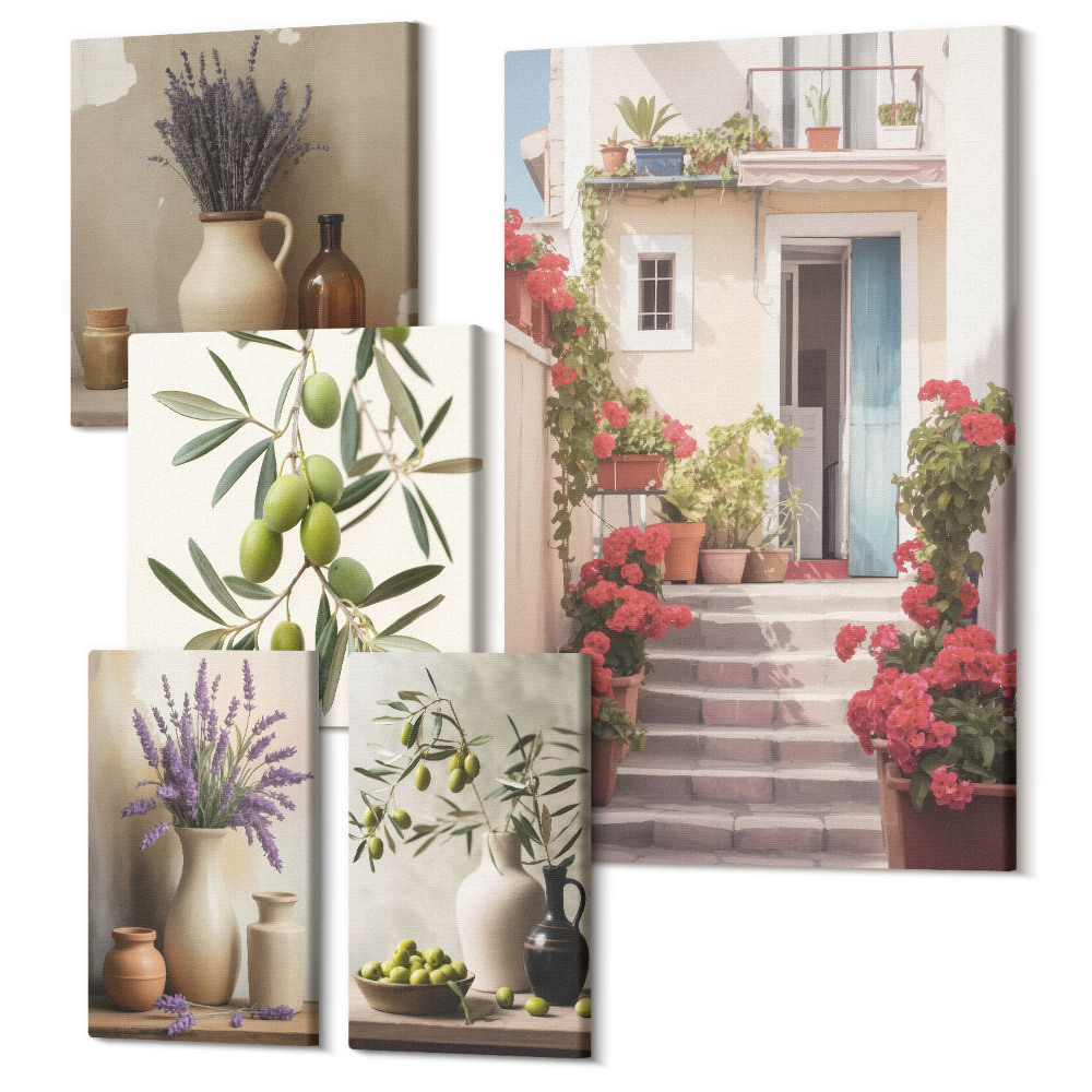 Tablou din 5 piese Interioare elegante cu flori și fructe într-o atmosferă rustică