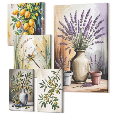 Tablou din 5 piese Aranjamente florale cu masline si lamai in stil rustic