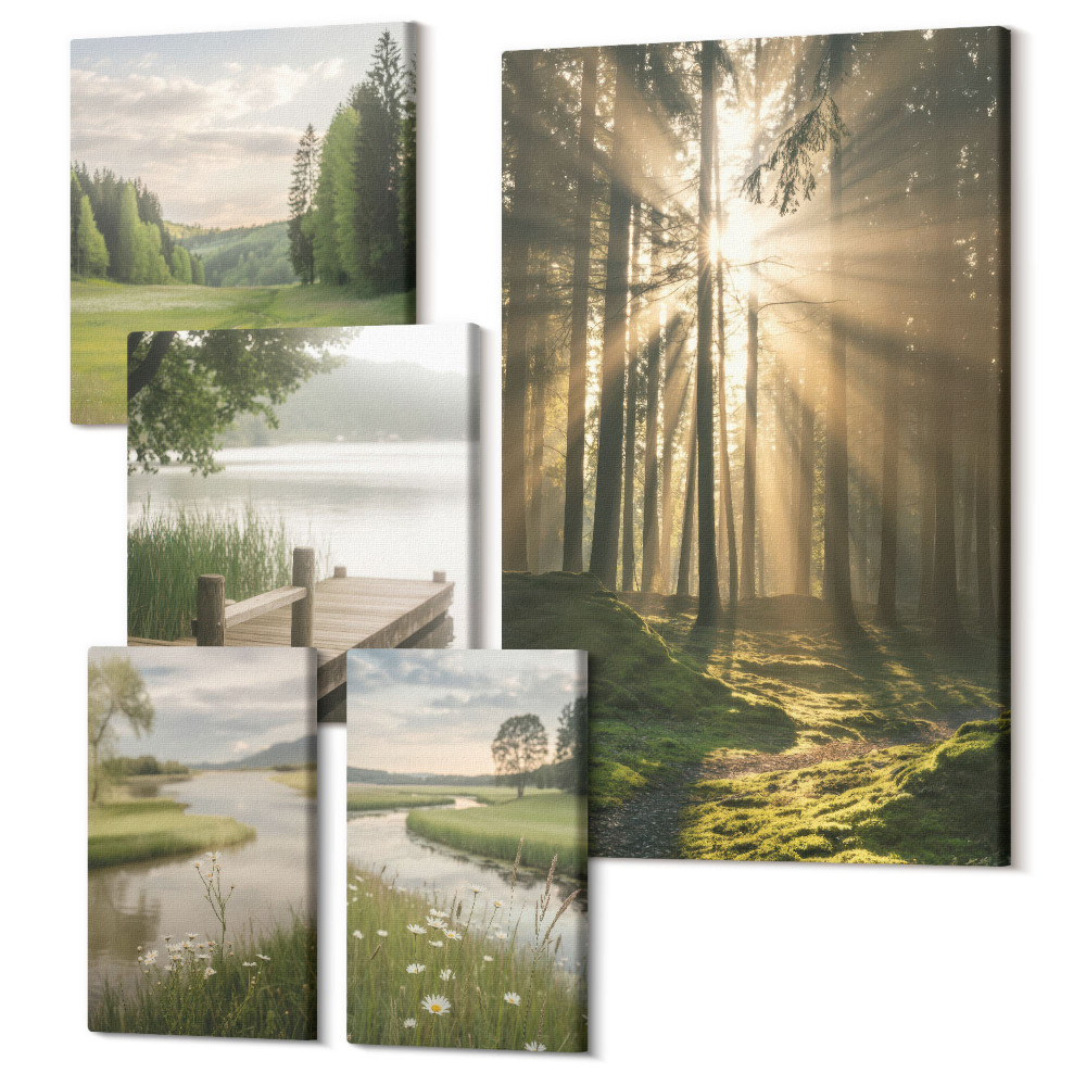 Tablouri canvas set 5 piese Peisaje de pădure cu raze de soare și ape calme