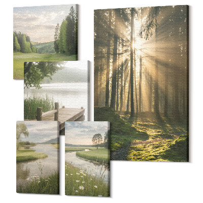 Tablouri canvas set 5 piese Peisaje de pădure cu raze de soare și ape calme