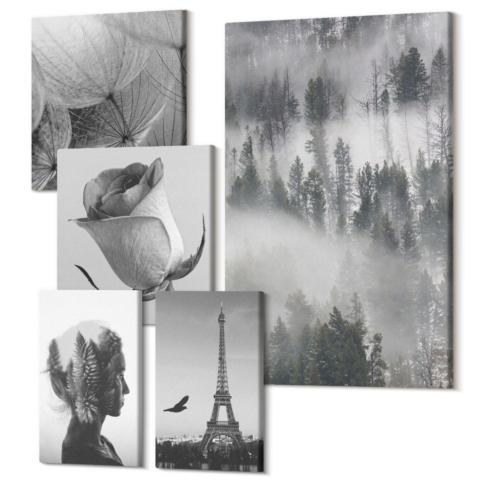 Tablou din 5 piese Inspirații alb-negru cu natura și un oraș european