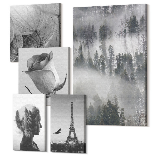 Tablou din 5 piese Inspirații alb-negru cu natura și un oraș european