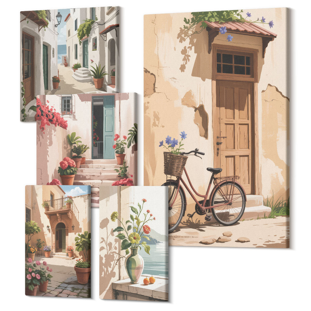 Tablou din 5 piese Străzi fermecătoare cu biciclete și flori în ghiveci