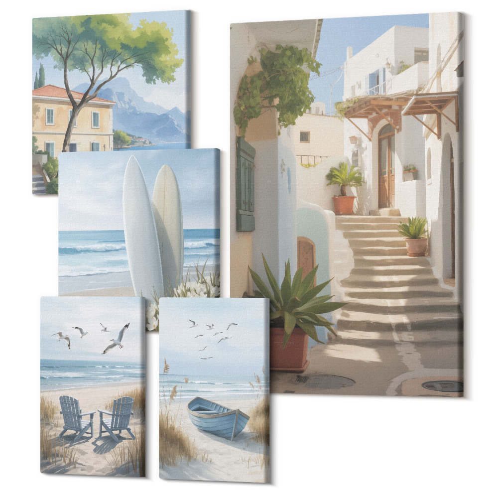 Set tablouri 5 piese Vederi elegante la malul mării, cu plaje și peisaje