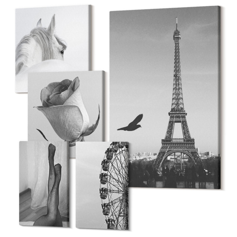 Tablouri canvas set 5 piese Imagini elegante alb-negru ale Parisului și eleganță