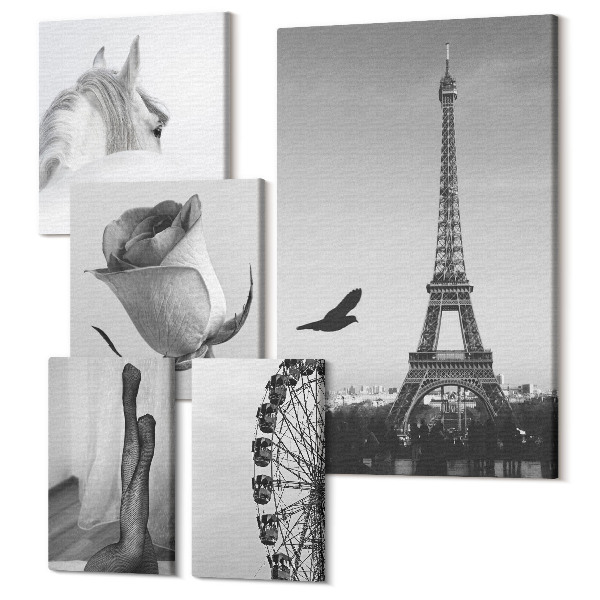 Tablouri canvas set 5 piese Imagini elegante alb-negru ale Parisului și eleganță