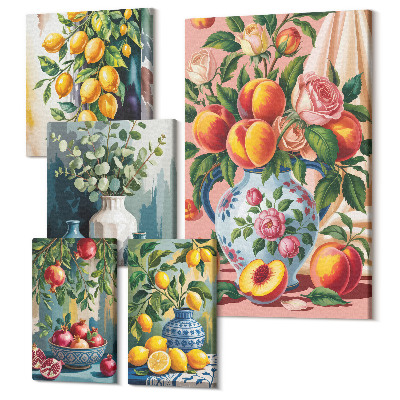 Tablou din 5 piese Compoziții de fructe cu flori și vase ceramice