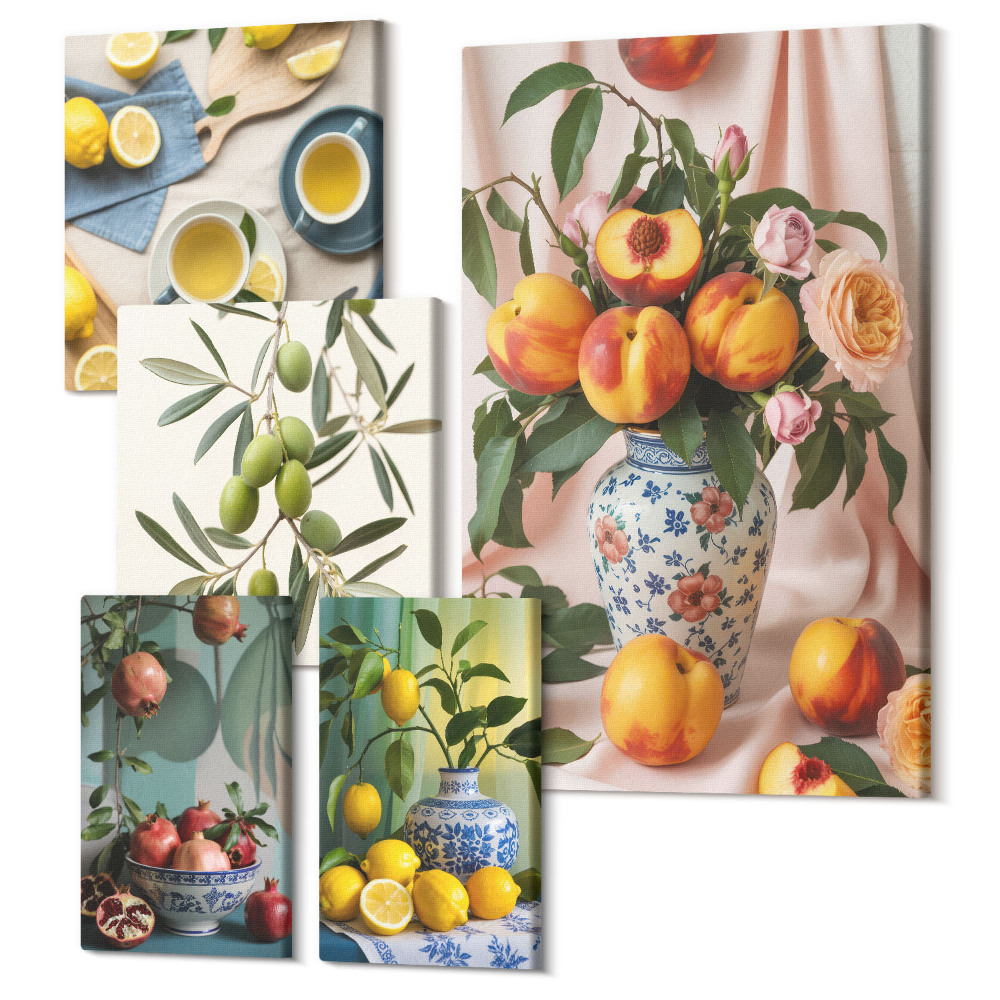 Set tablouri 5 piese Fructe și flori în stil rustic pentru decorațiuni interioare