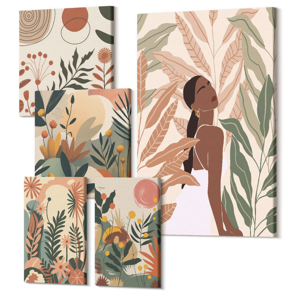 Tablou din 5 piese Stilul boho cu figuri si motive vegetale