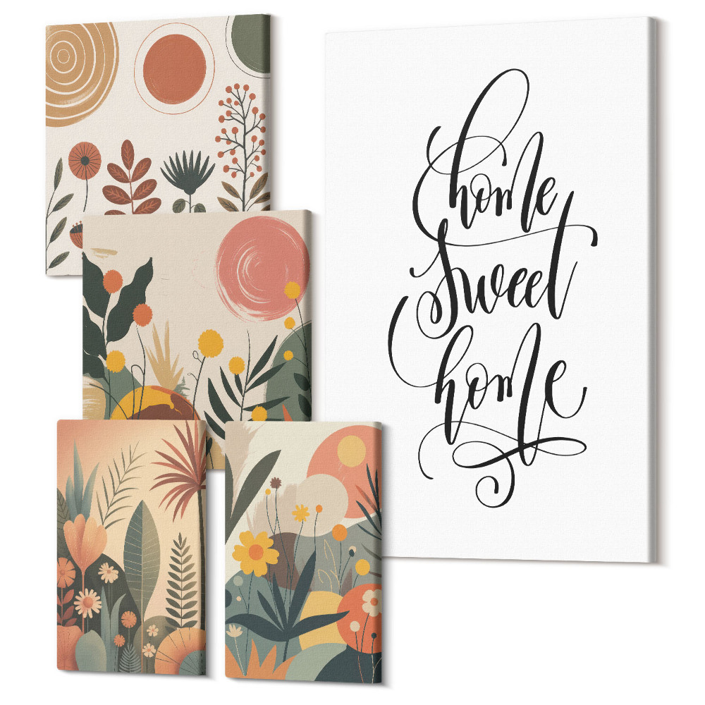 Set tablouri 5 piese Decorațiuni elegante cu motive vegetale și o inscripție