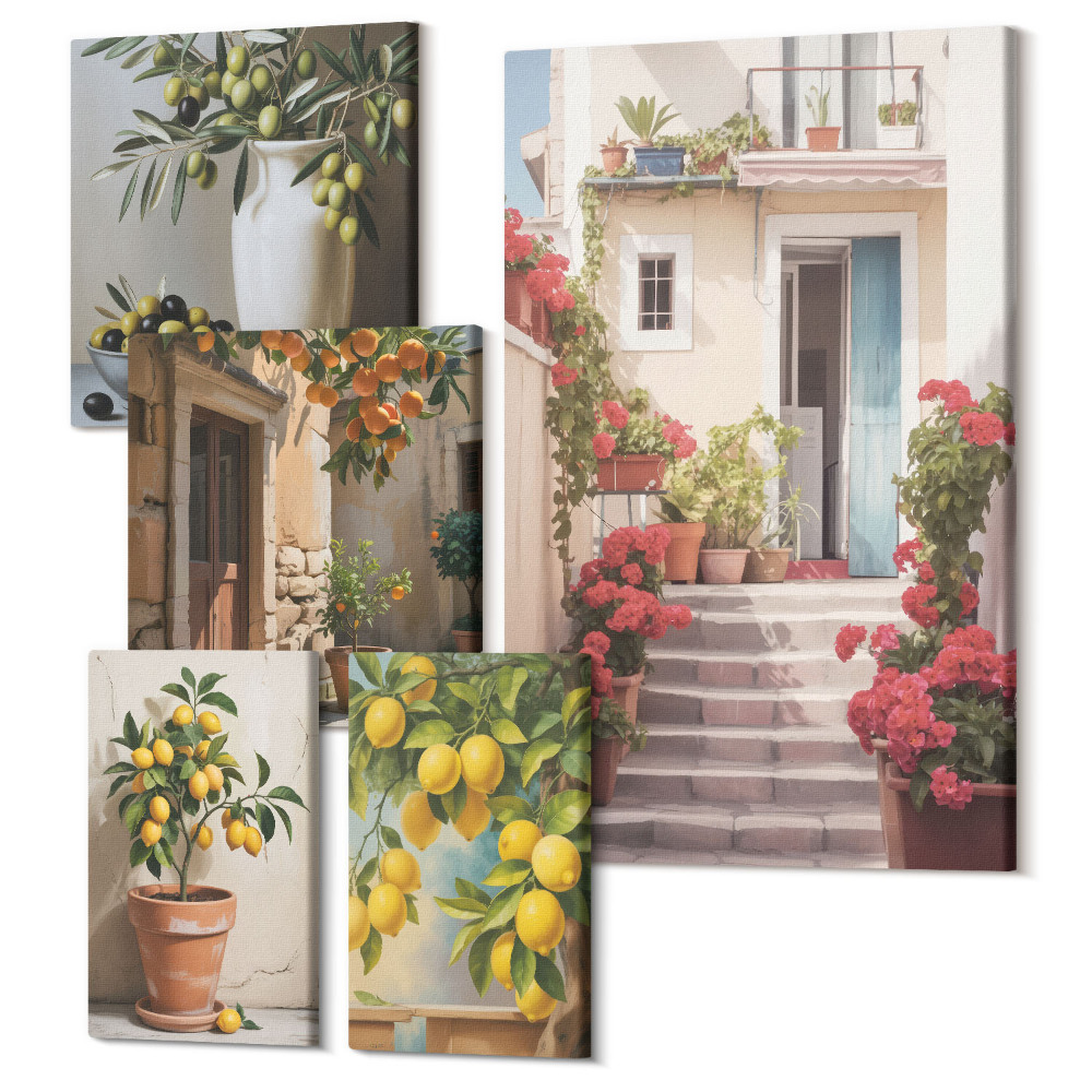 Tablou din 5 piese Vederi atmosferice ale străzilor mediteraneene mărginite cu lămâi
