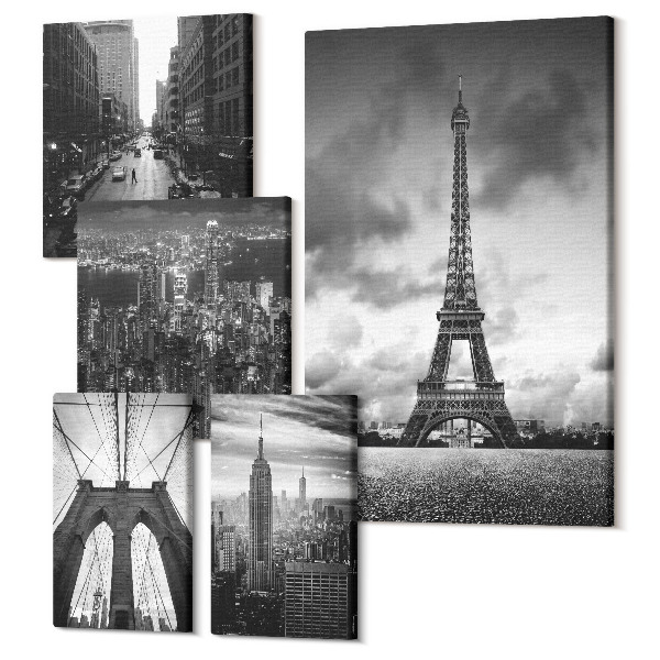 Tablouri canvas set 5 piese Icoane arhitecturale alb-negru din orașe din întreaga lume