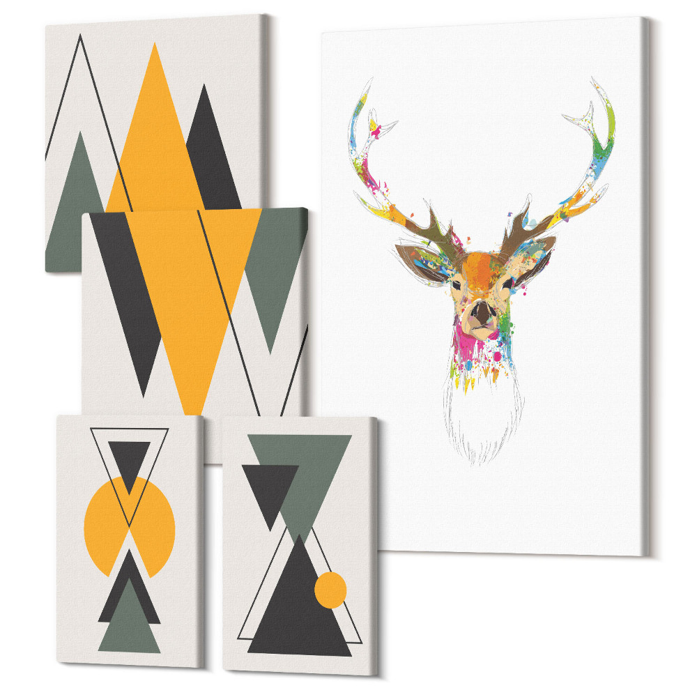 Set tablouri 5 piese Stil boho cu animale colorate și motive geometrice