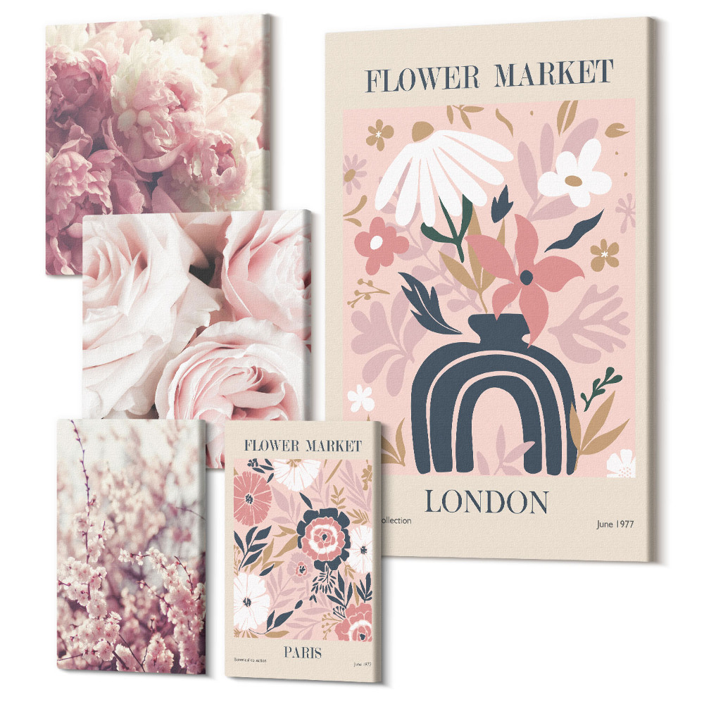 Set tablouri 5 piese Motive florale in decoratiuni in stil boho si romantic