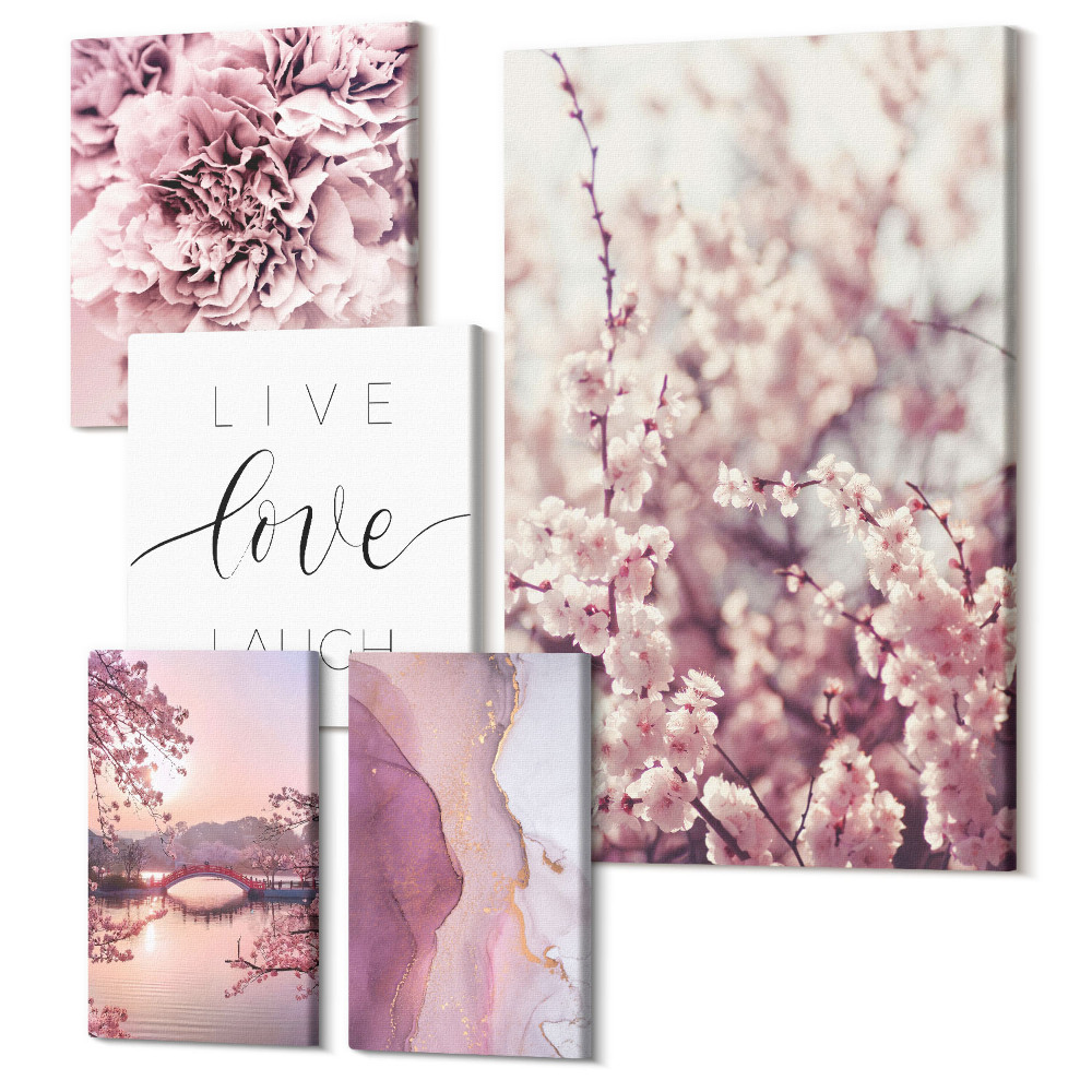 Set tablouri 5 piese Motive florale cu sloganuri inspiratoare în tonuri pastelate