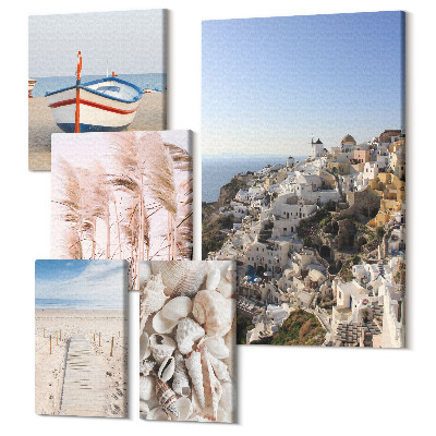 Set tablouri 5 piese Peisaje de litoral cu plaje și clădiri albe