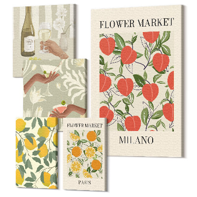 Set tablouri 5 piese Piețe de fructe și flori de epocă din orașele europene