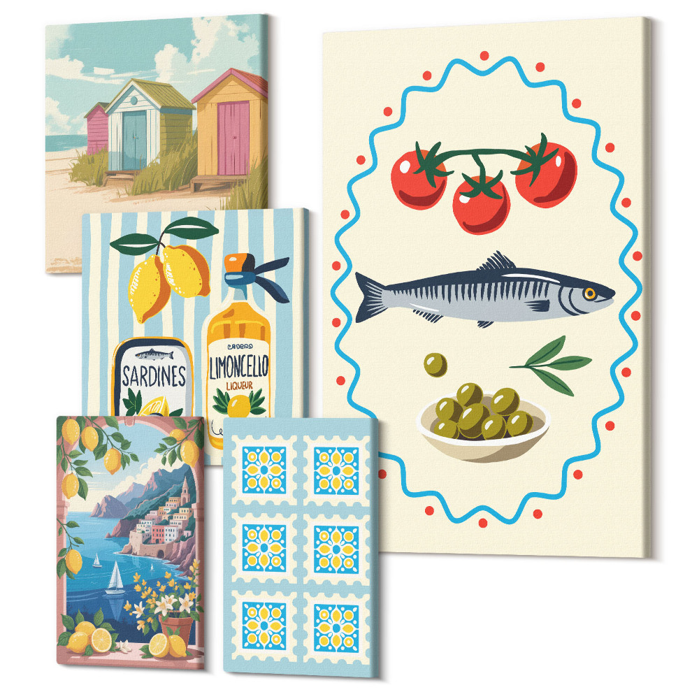 Tablouri canvas set 5 piese Bucătărie mediteraneană, arome proaspete și accente colorate