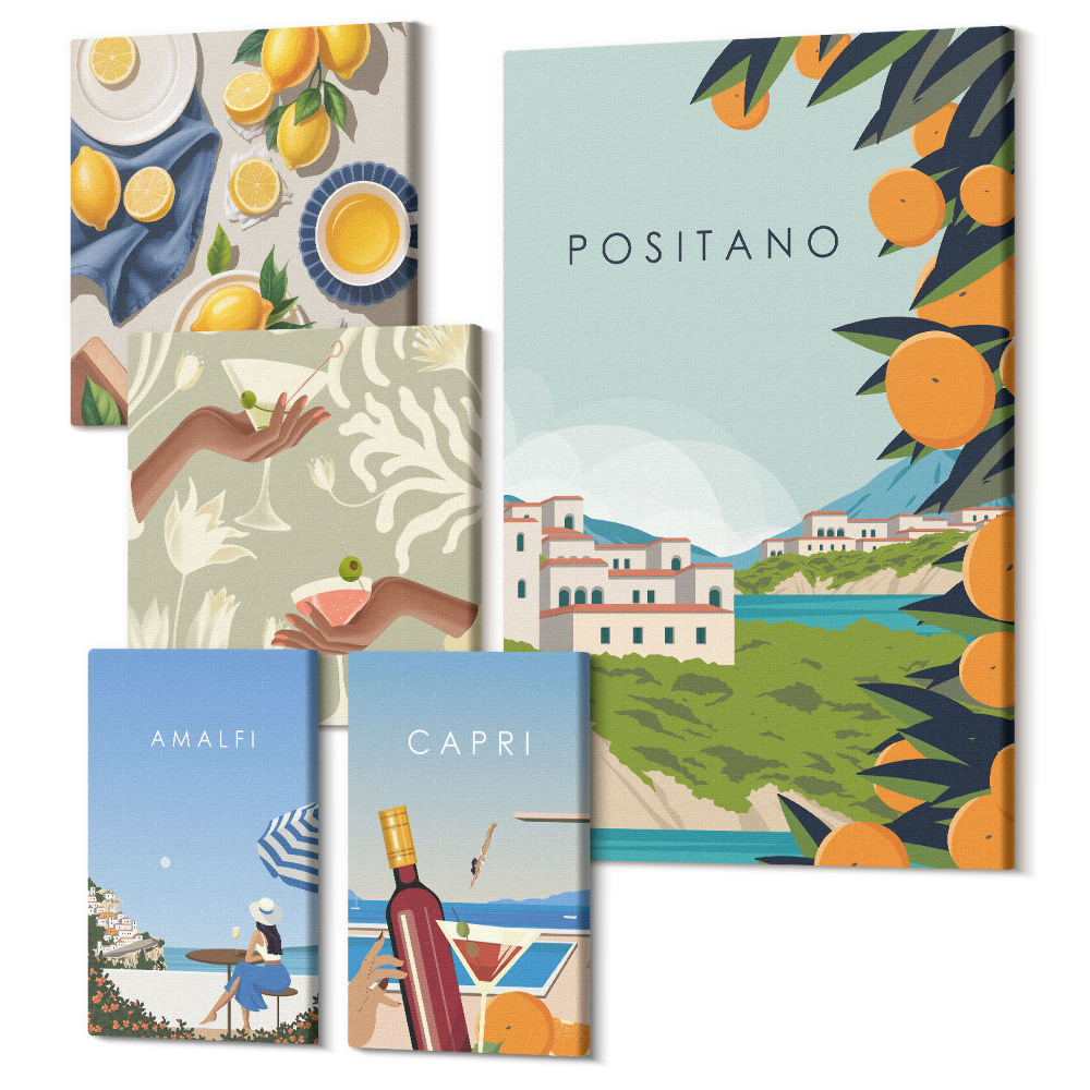 Tablouri canvas set 5 piese Vederi italiene de vacanță la Amalfi și Capri