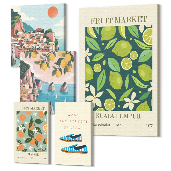 Tablouri canvas set 5 piese Fructe tropicale și vederi din locurile de vacanță