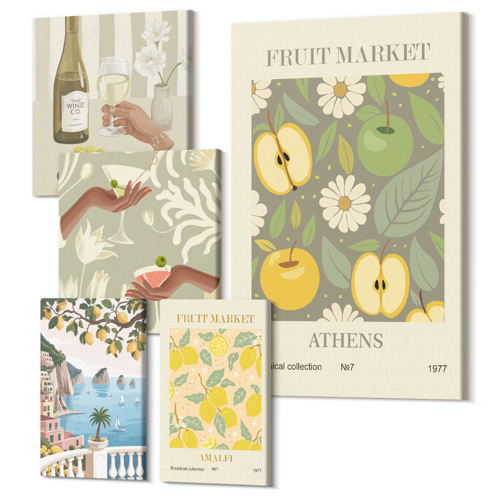 Tablou din 5 piese Fructe atmosferice și ilustrații botanice din anii 1970