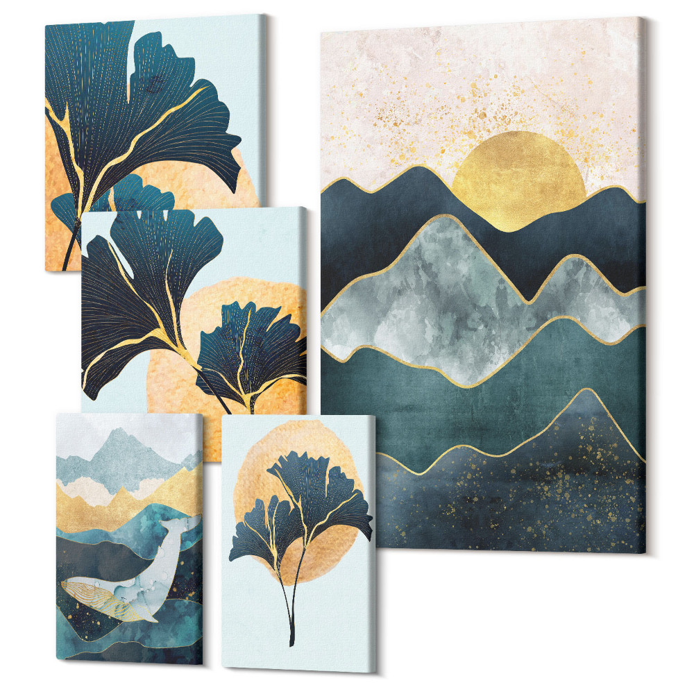 Set tablouri 5 piese Peisaje montane elegante, cu accente decorative de plante