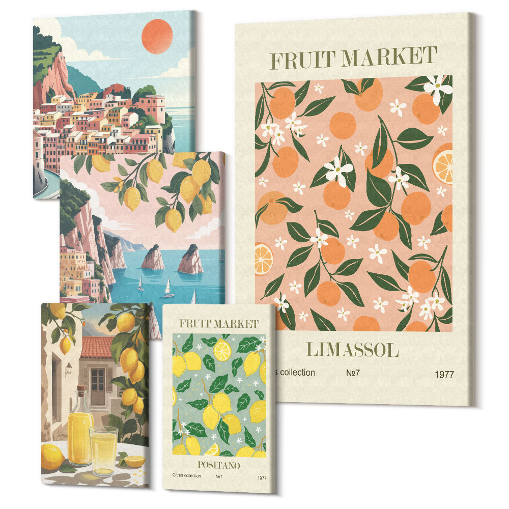 Tablouri canvas set 5 piese Piețe de fructe și peisaje pitorești de pe litoral