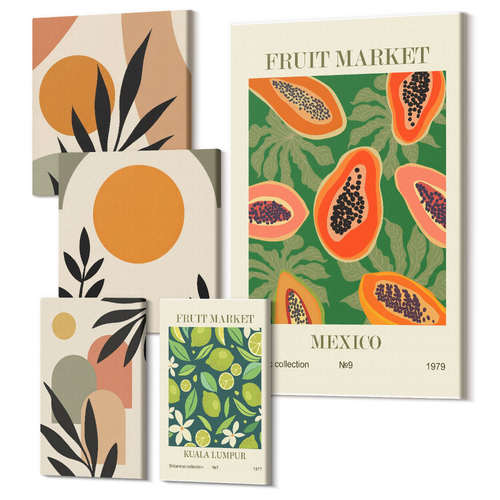 Tablouri canvas set 5 piese Fructe tropicale în stil retro cu motive exotice