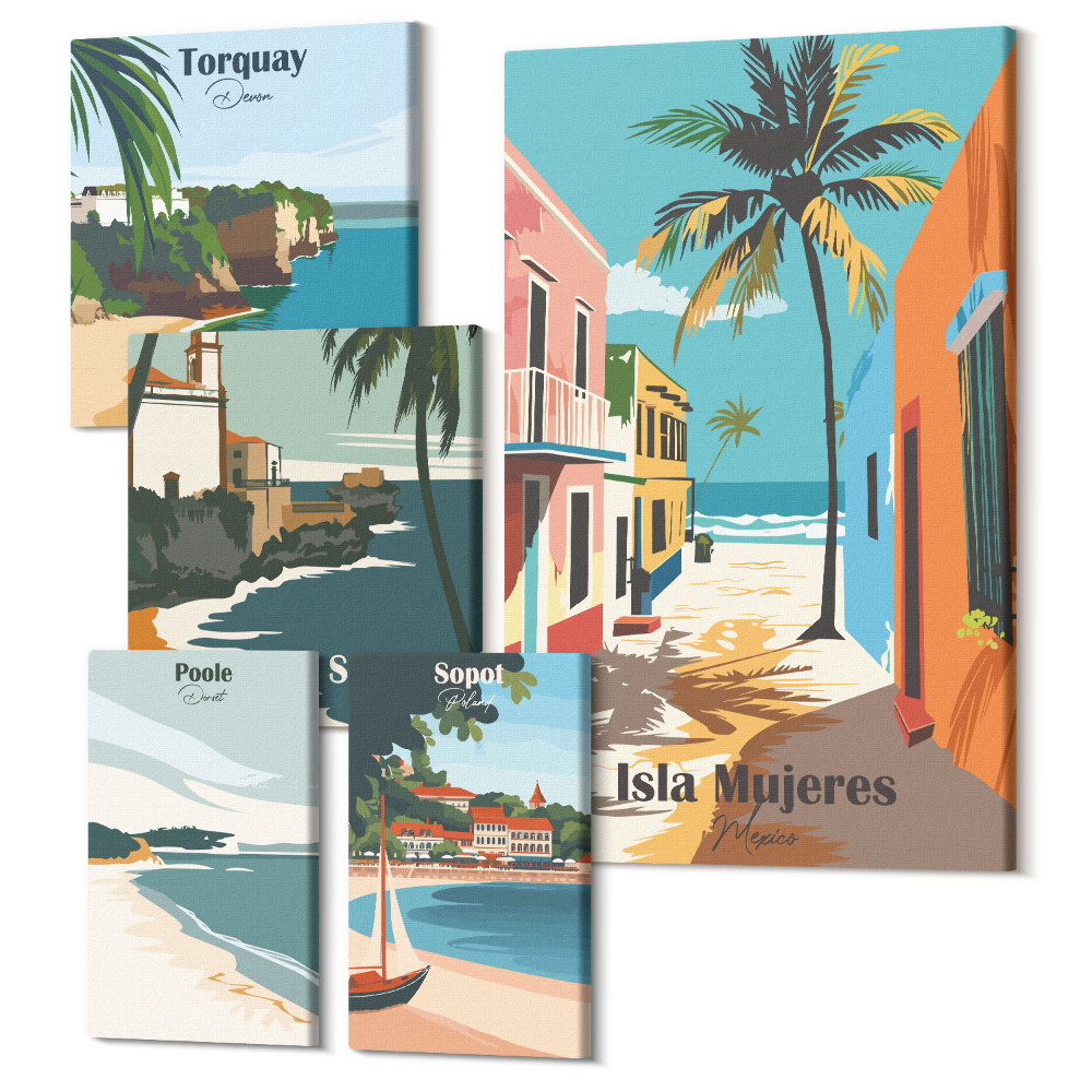 Tablouri canvas set 5 piese Vederi colorate ale orașelor și plajelor de pe litoral
