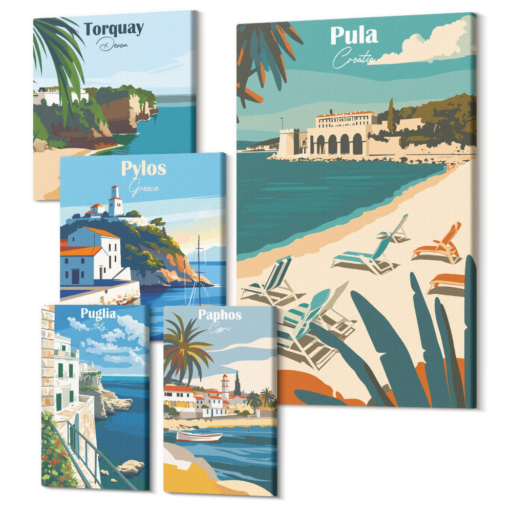 Set tablouri 5 piese Peisaje de coastă cu locuri fermecătoare din Europa