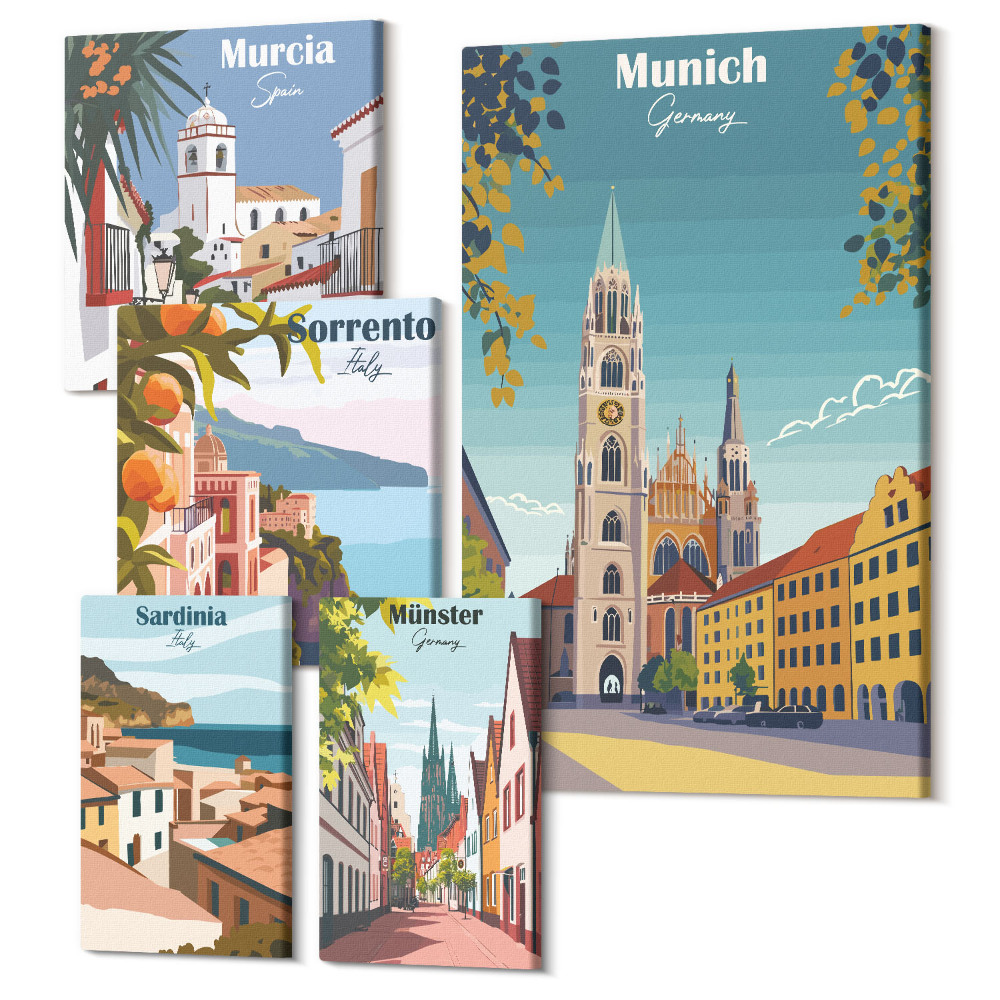 Set tablouri 5 piese Vederi ale orașelor europene asupra arhitecturii și peisajelor