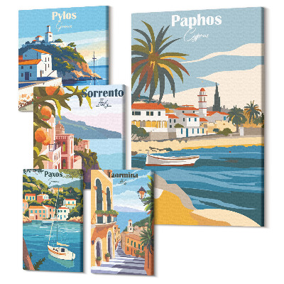 Set tablouri 5 piese Peisaje de litoral cu orașe fermecătoare din Europa