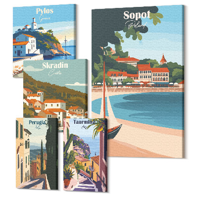 Tablou din 5 piese Peisaje ale orașelor de pe litoral în stil retro și de vacanță