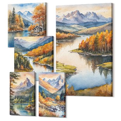 Tablouri canvas set 5 piese Peisaje montane cu rauri si copaci de toamna
