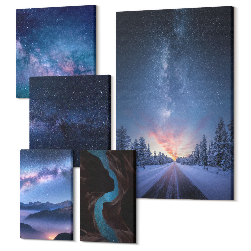 Tablouri canvas set 5 piese Peisaje de noapte spațiale cu galaxii și peisaje