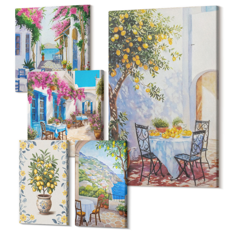 Set tablouri 5 piese Peisaje mediteraneene fermecătoare cu flori și fructe