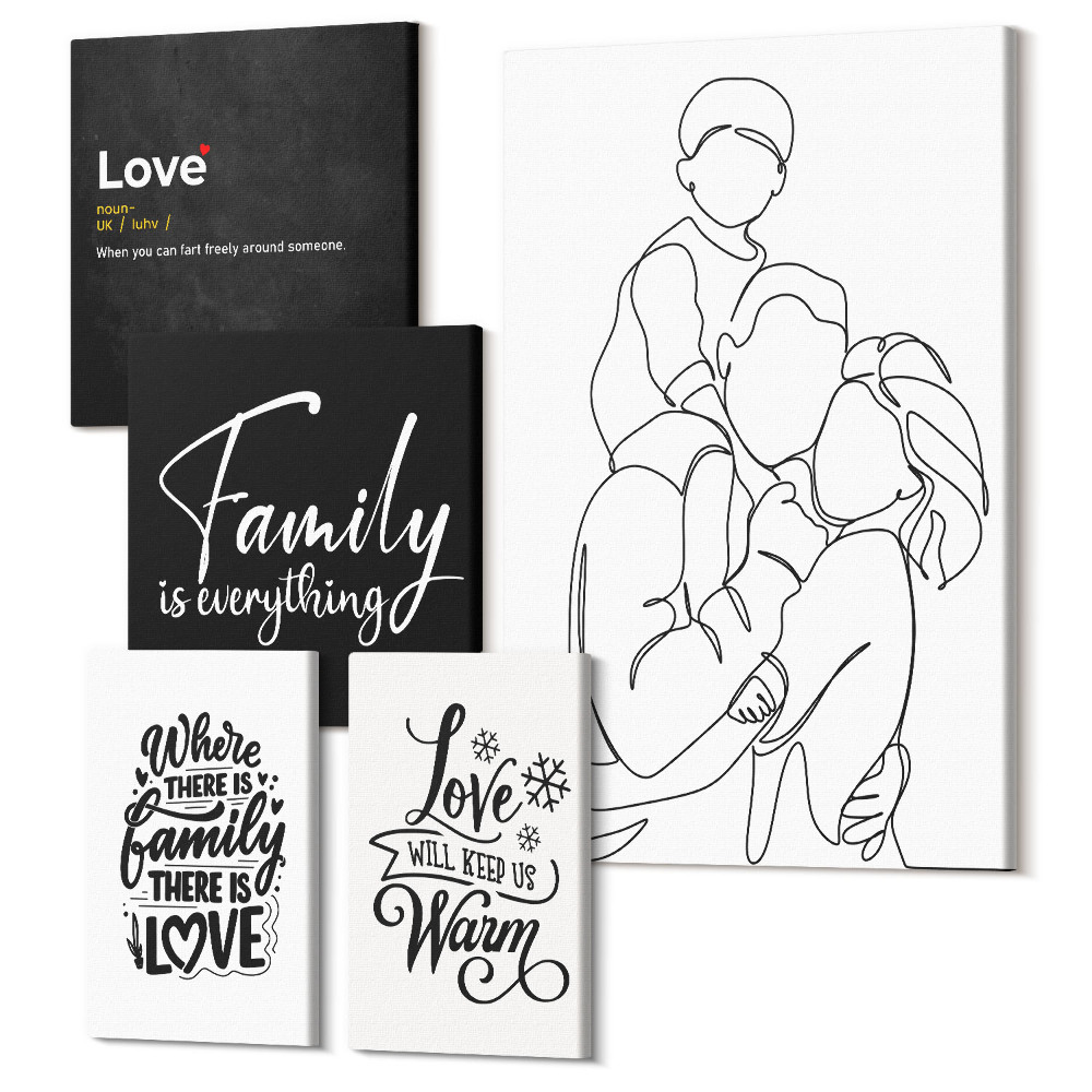 Set tablouri 5 piese Valorile familiei de dragoste și apropiere într-un stil minimalist