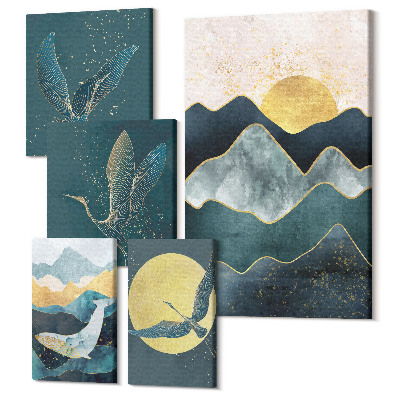 Tablouri canvas set 5 piese Peisaje montane elegante cu păsări și soare