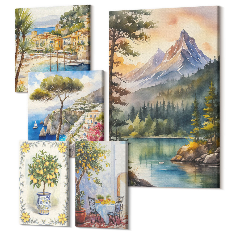 Tablouri canvas set 5 piese Peisaje de munte și litoral cu priveliști fermecătoare